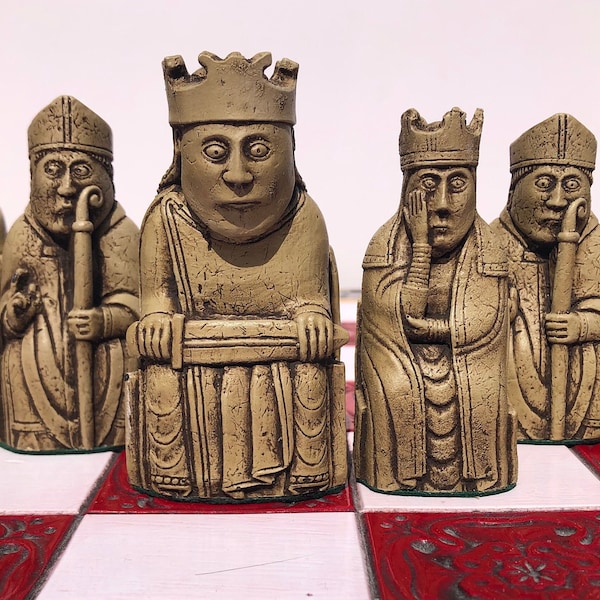 Lewis Chessmen - Extra large Isle of Lewis Chess set - Aged bone & beetroot Antique Effect - Made to order - Chess pieces only