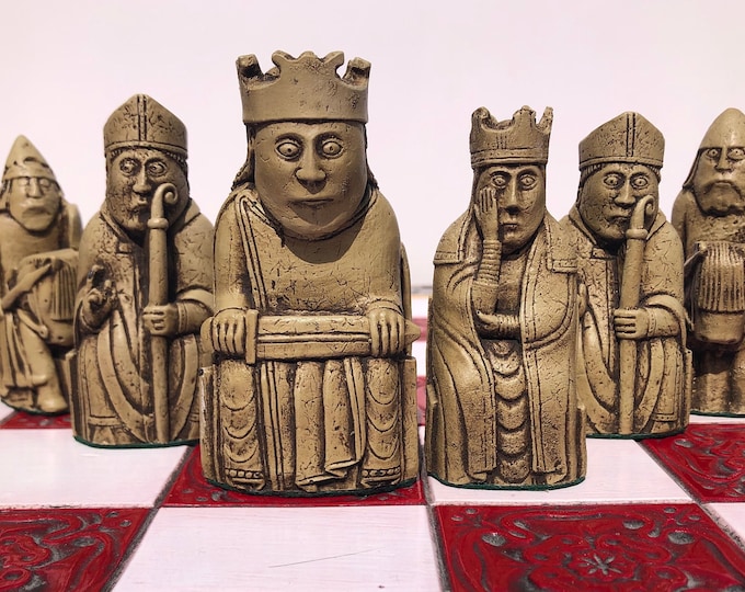 Lewis Chessmen - Extra large Isle of Lewis Chess set - Aged bone & beetroot Antique Effect - Made to order - Chess pieces only
