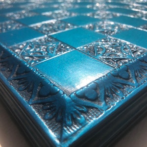 Chessboard - Medium Recency Styled Chess Board - Cold Cast in Reconstructed Stone with a stunning Metallic blue Antique finish