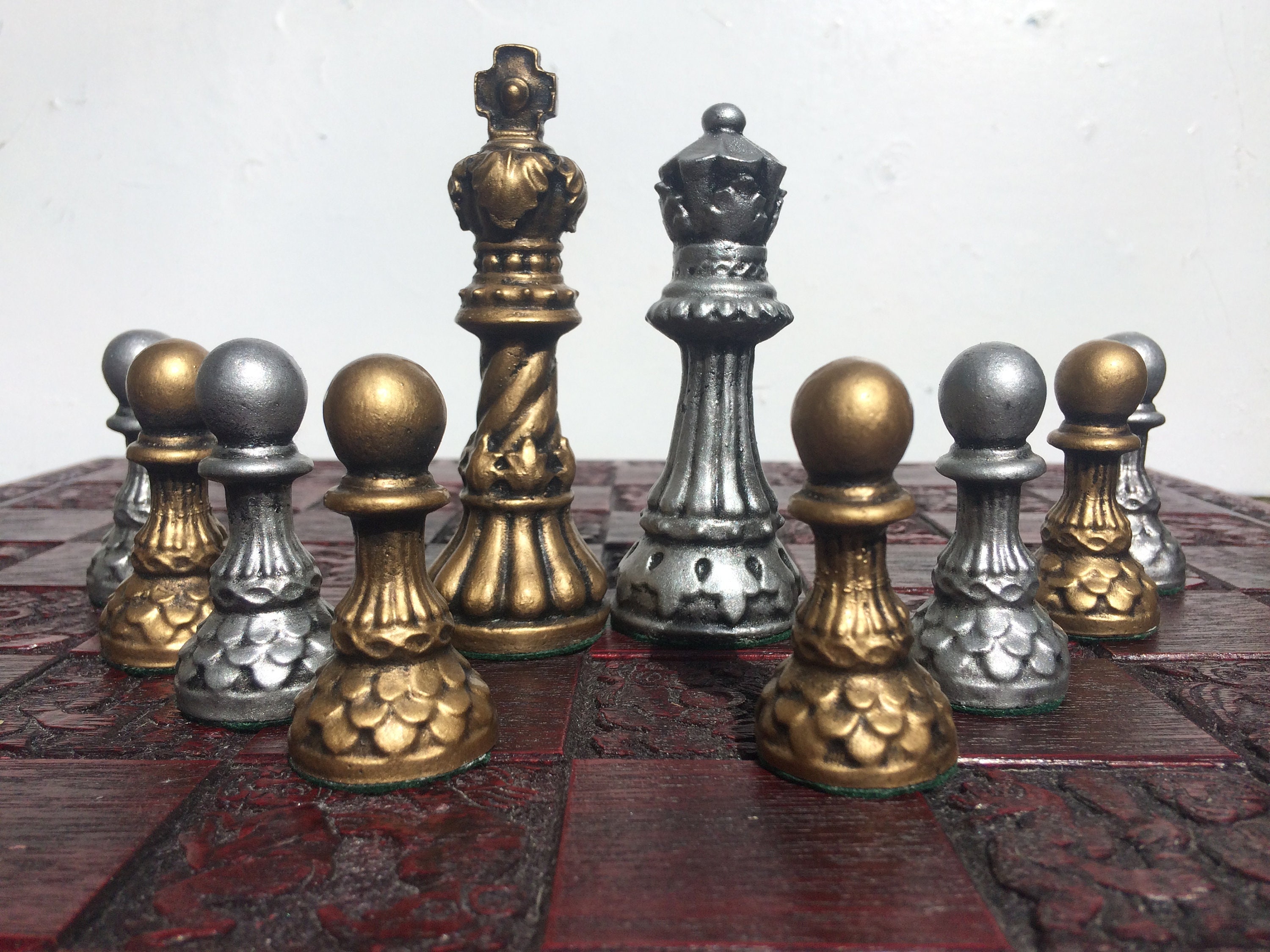 Staunton Chess Set Ornate Chess Pieces Metallic Antique Etsy Uk