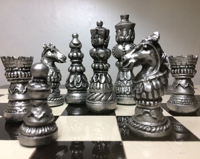 Ornate Staunton Chess Set - Antique Silver & Gold Metallic Effect - Made to order - Chess Pieces Only)