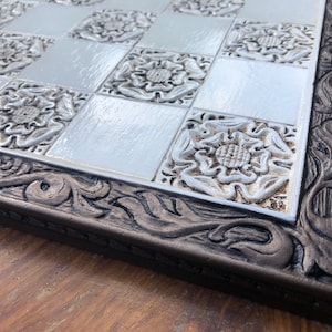 large Chess Board - Medieval Chess board, Rustic old world York Rose design with Engraved Border 45cmx45cm with 5cm Squares - Made to order