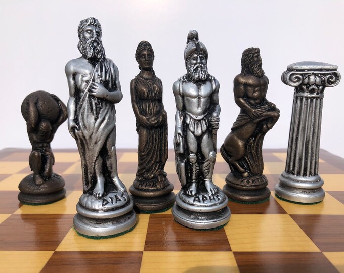 Greek Gods Chess Set - Handmade Ancient Greece Chess set - Aged bronze and silver metallic effect - Made to order - chess pieces only