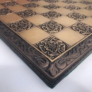 Large Chess Board - Antique Gold and Aged Bronze metallic effect - York Rose Gothic Motif with engraved border - Made to order