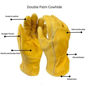 Puede incluir: Un par de guantes de trabajo de cuero amarillo con doble palma, pulgar recto, el&aacute;stico fruncido y dobladillo enrollado. Los guantes est&aacute;n hechos de cuero de grado A y son suaves y duraderos.