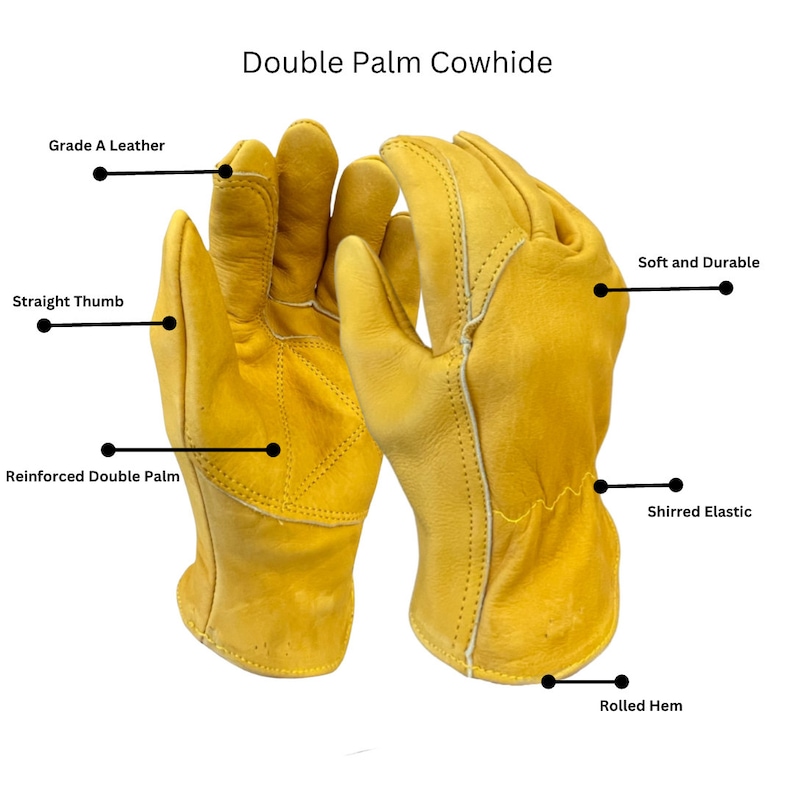 Puede incluir: Un par de guantes de trabajo de cuero amarillo con doble palma, pulgar recto, el&aacute;stico fruncido y dobladillo enrollado. Los guantes est&aacute;n hechos de cuero de grado A y son suaves y duraderos.