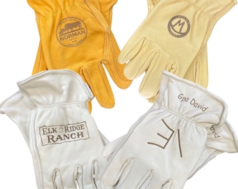 Guantes de trabajo de cuero personalizados: logotipo de rancho grabado, regalo de granja y jardín