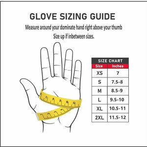 Puede incluir: Una gu&iacute;a de tallas de guantes con una ilustraci&oacute;n de mano y una tabla que muestra las tallas de guantes en pulgadas. La tabla muestra las tallas XS, S, M, L, XL y 2XL con las medidas en pulgadas correspondientes.