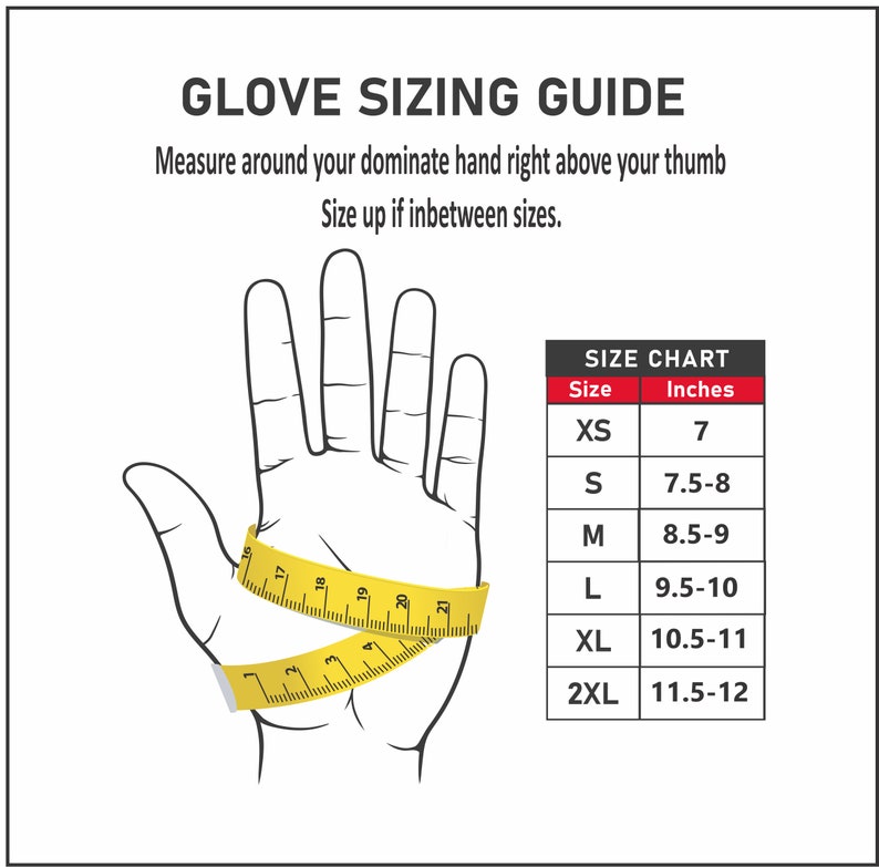 Puede incluir: Una gu&iacute;a de tallas de guantes con una ilustraci&oacute;n de mano y una tabla que muestra las tallas de guantes en pulgadas. La tabla muestra las tallas XS, S, M, L, XL y 2XL con las medidas en pulgadas correspondientes.