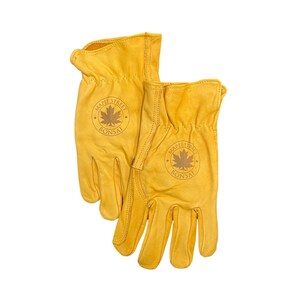 Puede incluir: Un par de guantes de trabajo de cuero amarillo con un logotipo de cuero marr&oacute;n que dice "Maple Street Bonsai" en cada guante.
