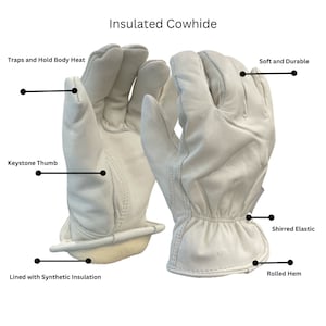 Puede incluir: Un par de guantes de trabajo de piel de vaca aislados blancos con un pulgar de tipo keystone, pu&ntilde;o el&aacute;stico fruncido y dobladillo enrollado. Los guantes est&aacute;n forrados con aislamiento sint&eacute;tico y son suaves y duraderos.
