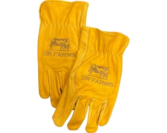 May include: A pair of yellow leather work gloves with the logo "51R FARMS" printed on each glove. The gloves have a cow and calf design on the logo.