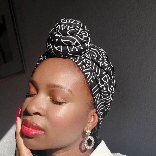 SATIN GEFÜTTERTER Turban, vorgebundene Kopftuch, leicht, Afrikanischer Print Turban, Afro Locken Haarschutz  Kopfbedeckung