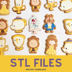 May include: A set of 12 cookie cutters featuring characters from the Disney film Beauty and the Beast. The cutters are made of gold-coloured metal and are shaped like Belle, Beast, Mrs. Potts, Chip, Lumiere, Cogsworth, and the enchanted rose. The cutters are arranged in a grid pattern on a white background. STL FILES INSTANT DOWNLOAD
