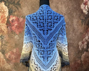 Crochet Shawl, Sparkle Blue Gold with Pin