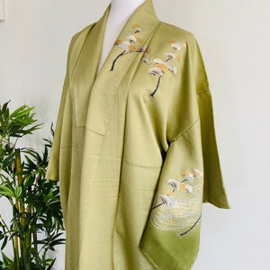 UNUSED Crane LONG Hand Painted Silk Vintage Japanese Homongi Kimono Robe Authentic Evening Dress Gown