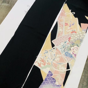 Fortune #E # Fset Handbemalte Tomesode Schwarz LANGE Vintage Seide Japanischer Kimono Stoff Panel ToF72