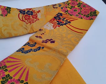 Antique Golden Yellow, Obi Silk, Japanese Kimono Fabric, Authentic Obi, Obi Belt, Silk Sash, Tapestry, Table Runner, Wall Decor N96