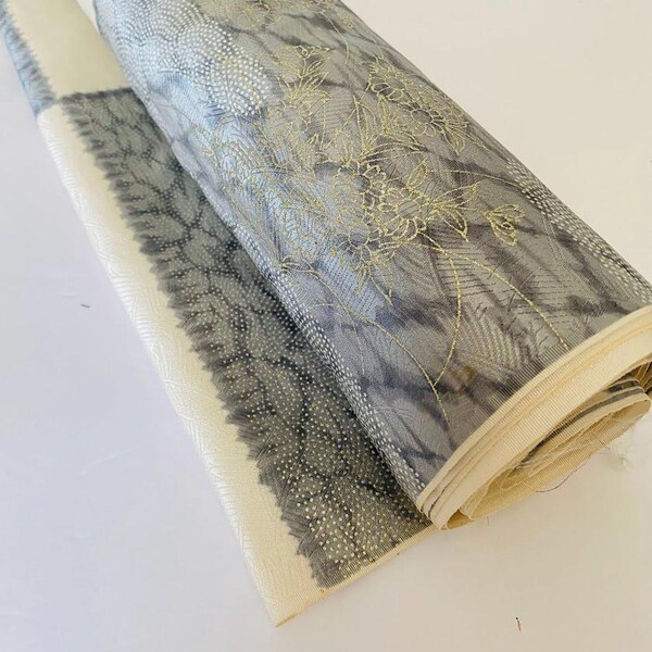 Oanvända grå Dignity 12 yards hel dekonstruerad jacquard handmålad shibori färgad siden vintage japansk kimonotyg SE73