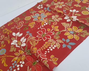 Orange Garden Whirl  Chirimen Silk Vintage Japanese Kimono Fabric Panel Authentic High Quality CJ47