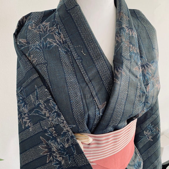 Bamboo LONG Silk Tsumugi Vintage Japanese Kimono … - image 6