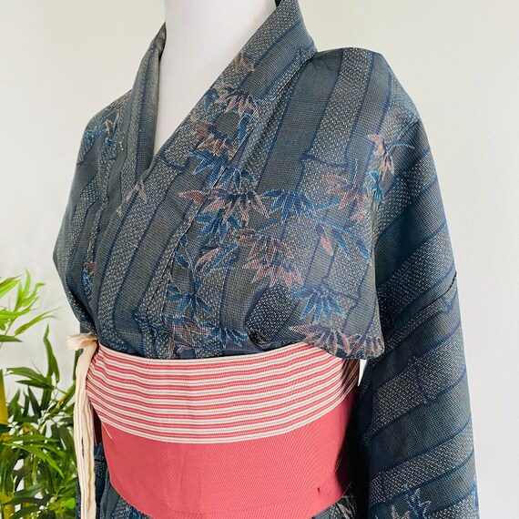 Bamboo LONG Silk Tsumugi Vintage Japanese Kimono … - image 4