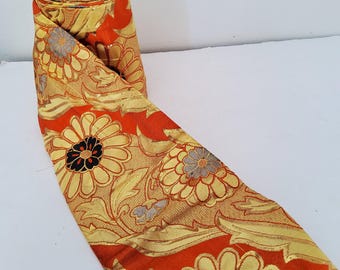 Golden Orange, Hanhaba Obi, Obi, Japanese Kimono Fabric, Authentic Obi, Obi Belt, Wool Sash, Tapestry, Table Runner, Wall Decor H84