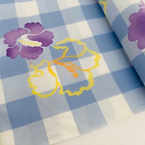 Blue Plaid Camellia Cotton Yukata Bolt UnUsed By the Yard Japanese Kimono Fabric Authentic High Quality BC47
