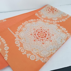 Apricot Orange, Fukuro Obi, Obi Silk, Japanese Kimono Fabric, Authentic Obi, Obi Belt, Silk Sash, Tapestry, Table Runner, Wall Decor FI