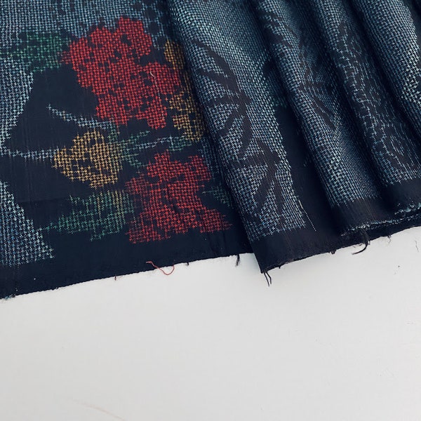 Bamboo Flower Indigo Dyed Oshima Tsumugi Vintage Silk Japanese Kimono Fabric Panel Authentic Antique High Quality Upcycled Natural Dyed OT68