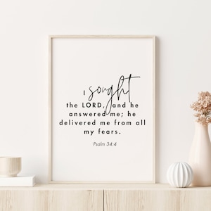 Busquei o Senhor, Versículo da Bíblia para Imprimir, Decoração para Casa, Arte de Parede com as Escrituras, Presente Cristão, Salmo 34:4