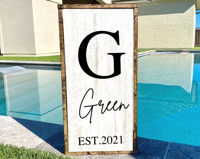 Framed Personalized Wooden Name Sign, Farmhouse style Established sign, Last Name Initial Monogram Sign