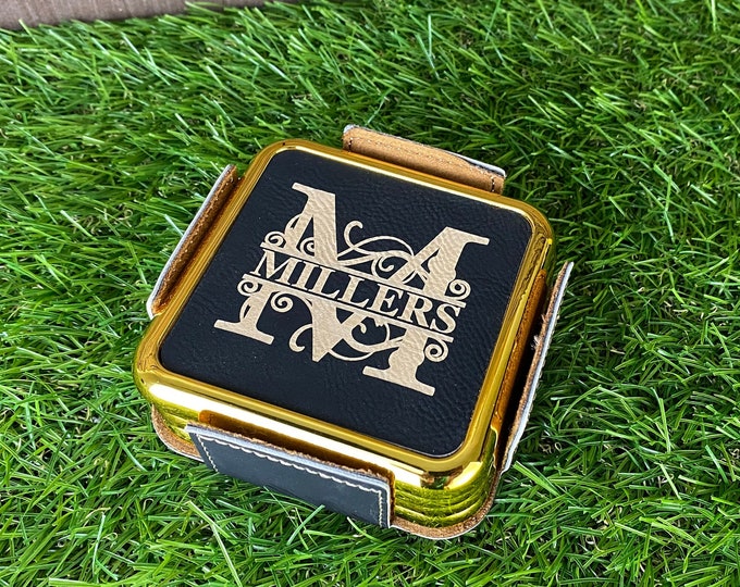 Personalized Coasters Set Holder, Leather Coasters Custom, Leather Coasters Personalized, Square Leather Coasters, Coasters with a Lip