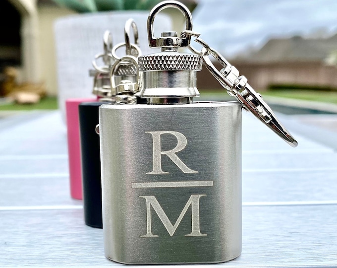 Stainless Steel Key Chain Flask - 1 oz -- Personalized -- (1 Pc) Perfect for Groomsmen and/or Bridesmaid Gifts