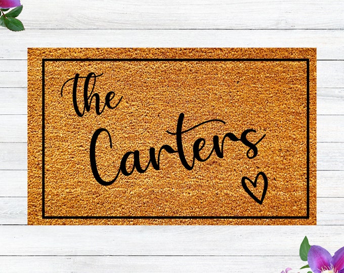 Housewarming Gift, Family Name Doormat, Personalized Doormat, Closing Gift, Custom Family Welcome mat, wedding gift, doormat with heart