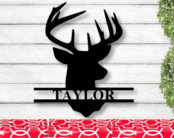 Deer Head Sign,Deer Antler Decor,Deer Hunter Gift,Deer Camp Sign,Christmas Gift For Him,Deer Name Metal Sign,Fathers Day Gift