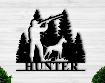 Custom Hunter Sign, Personalized outdoor sign, Man and Dog wilderness sign, Personalized family name sign, Cabin wall art, cabin decor