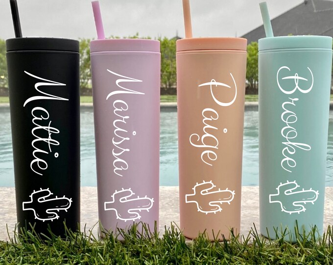 Personalized Tumbler With Lid and Straw with Cactus, Boho Bridesmaids Gifts, Acrylic Rubber Tumbler, Skinny Tumbler, Cactus Bachelorette