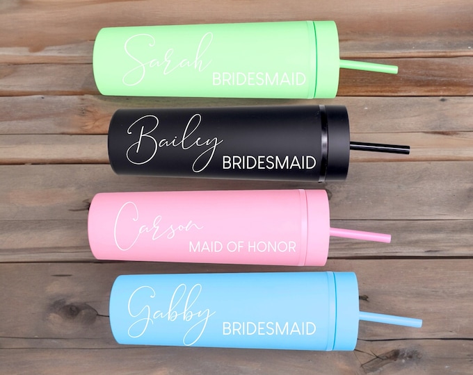 Personalized Tumbler With Lid and Straw, Bridesmaids Gifts, Acrylic Rubber Tumbler, Skinny Tumbler, Personalized Gift for her, custom cup