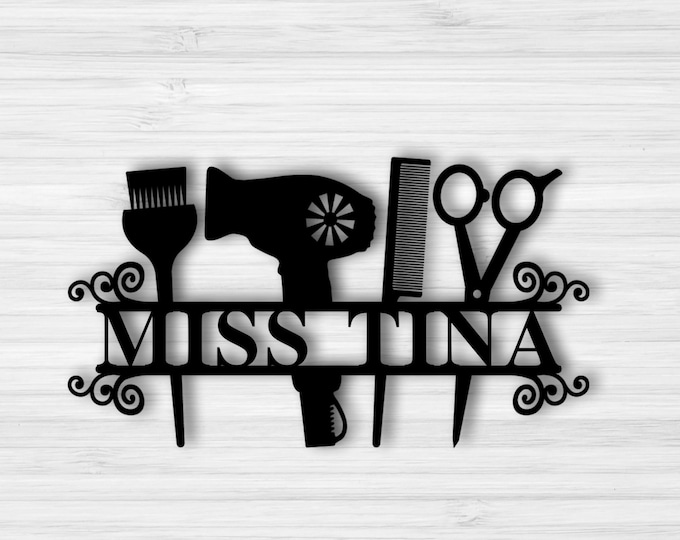 Metal hair Stylist Sign, Personalized Salon, Custom Business Decor, Custom Metal Sign Booth, hair Stylist Gift, Scissors Clippers Comb Name