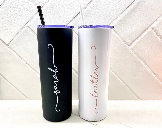 Personalized Stainless Steel Skinny Tumbler With Lid and Straw Juniper Font