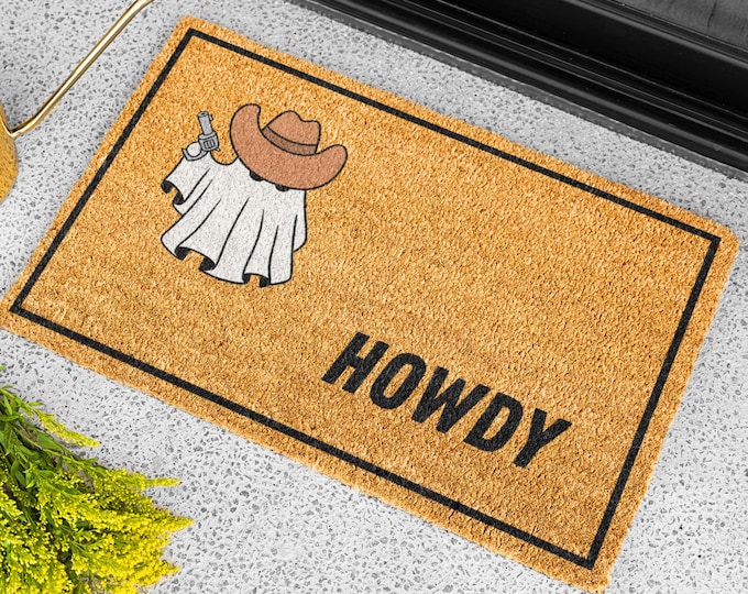 Ghost Cowboy Halloween Ghost Halloween Doormat, Halloween Decor, Fall Decor, Welcome Mat, Housewarming Gift, Front Door mat, Fall Porch mat