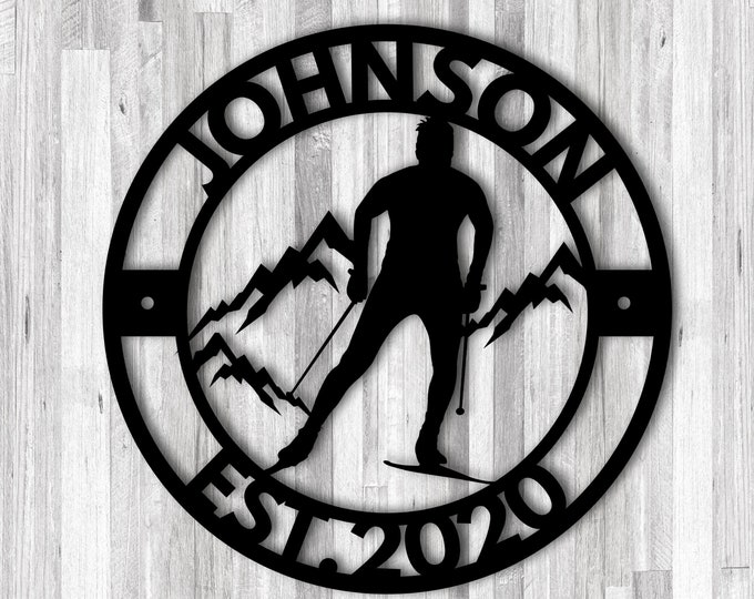 Custom Snow Skier Name Sign, Personalized Snow Skiing Family Name Sign, Snow Skier Gifts with Name, Snow Ski Sign, Custom Metal Sign