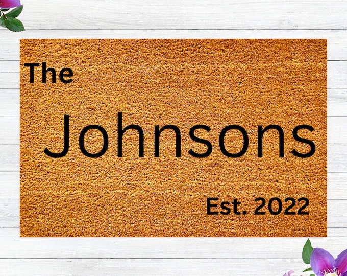 Personalized Welcome Doormat, Custom Name Door mat with established date, est date door mat, wedding gift, housewarming gift, closing gift