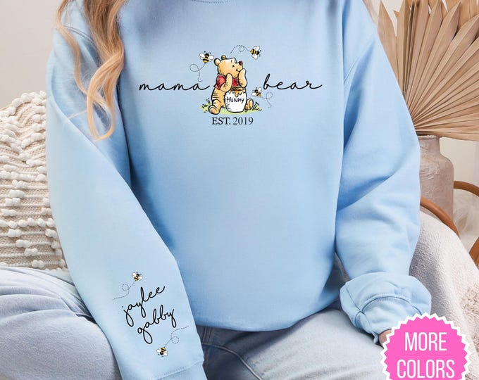 Personalized Mama Bear Sweatshirt,Mama Est with Kids Name on Sleeve Sweatshirt, custom Mom Sweatshirt, Nana, Grandma, Gigi,Mothers Day Shirt