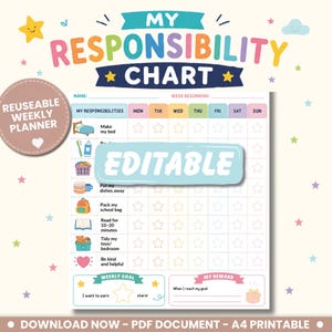Puede incluir: Una tabla de responsabilidades semanal reutilizable con el texto MY RESPONSIBILITY CHART y EDITABLE. La cuadrícula incluye columnas para los días de la semana, filas para tareas con iconos como una cama, cepillo de dientes y mochila, y metas.