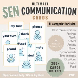 Könnte beinhalten: Ein Set von Ultimate SEN Kommunikationskarten mit weißen rechteckigen Karten, blauem Text und einfachen Strichzeichnungen. Die Karten zeigen Phrasen wie my turn, your turn, please, thank, proud und lonely. Der Text gibt 11 Kategorien, über 200 Karten und Maße von ca. 12 cm mal 8 cm an.