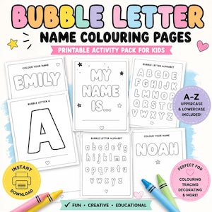 Puede incluir: Una colección de páginas para colorear imprimibles con alfabetos de letras de burbuja y plantillas de nombres. Las páginas incluyen el texto BUBBLE LETTER NAME COLOURING PAGES, MY NAME IS y A-Z UPPERCASE & LOWERCASE INCLUDED, junto a lápices de colores.