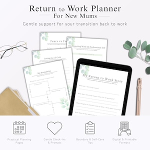 May include: A digital and printable planner titled "Return to Work Planner For New Mums." The planner includes pages for planning, check-ins, and self-care tips. The image also shows a tablet displaying a page titled "My Return to Work Story."