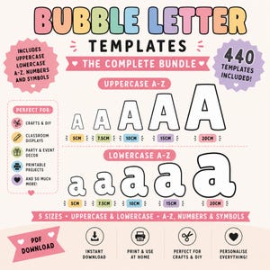 May include: A digital bundle of bubble letter templates featuring uppercase and lowercase A-Z, numbers, and symbols. The graphic displays 440 templates in five sizes ranging from 5cm to 20cm, with text indicating PDF download and print-at-home capability.
